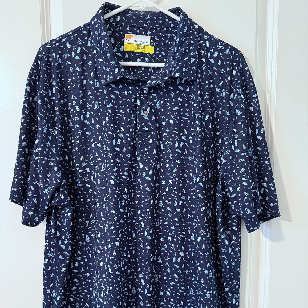 Jack Nicklaus Eco Choice Polo Shirt Blue Pineapples and Beach